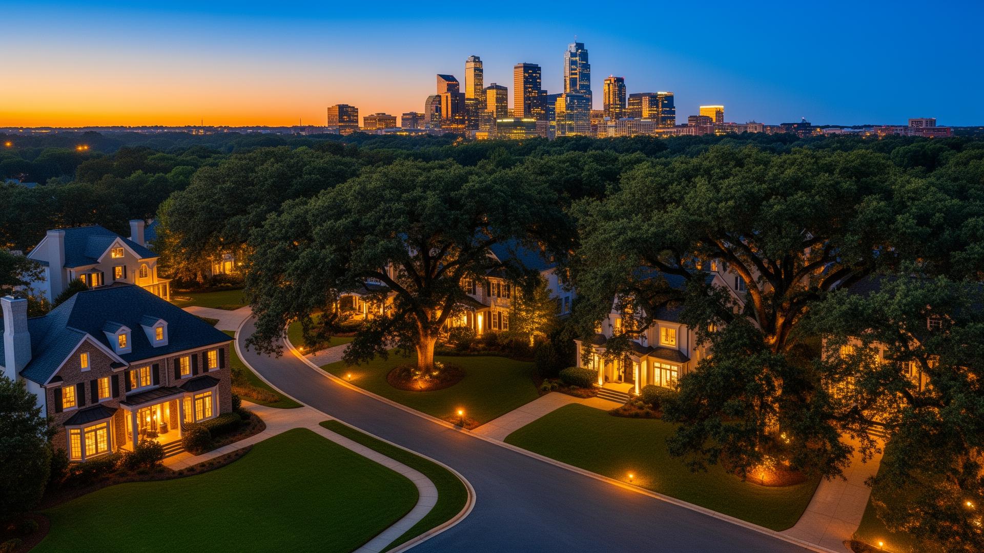 Aerial view of luxury estates in Charlotte's premier neighborhoods including Myers Park and Eastover